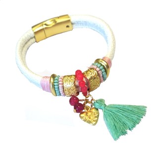 Pulsera Blanca Estilo Ibiza con Borla y Coraz&oacute;n (1 ud.)