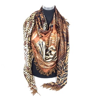 Bufanda triangular de lujo reversible Tigre / Marr&oacute;n con flecos (1 ud)