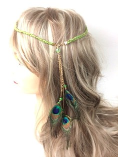 Diadema Trenzada Verde Musgo con Plumas de Pavo Real (1 ud.)