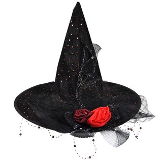 Sombrero de bruja de lujo con flecos y flor roja (6 uds.)